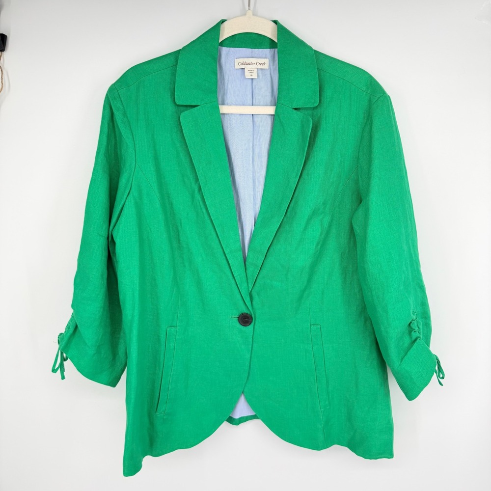 NEW Coldwater Creek Bella Blazer Sz 16 Kelly Green 100% Linen Ruched 3/4 Sleeve
